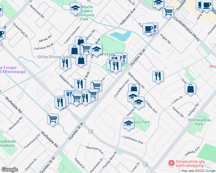 map of restaurants, bars, coffee shops, grocery stores, and more near 581 Dundas Street West in Mississauga