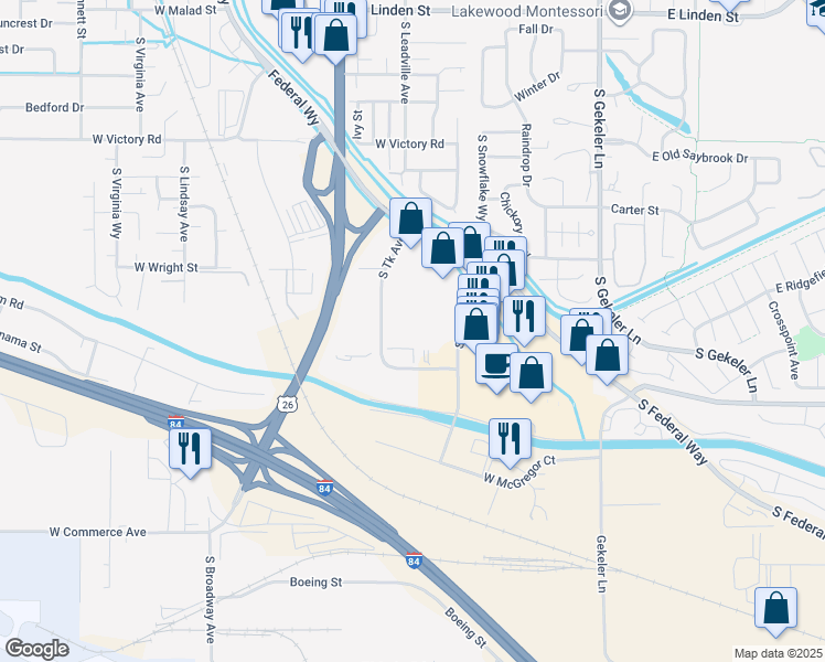 map of restaurants, bars, coffee shops, grocery stores, and more near 3494 South Tk Avenue in Boise