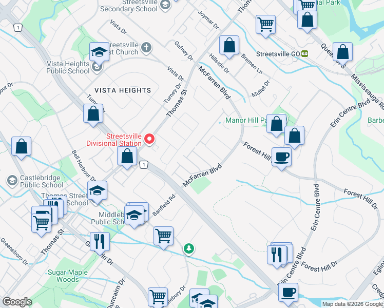 map of restaurants, bars, coffee shops, grocery stores, and more near 5260 McFarren Boulevard in Mississauga
