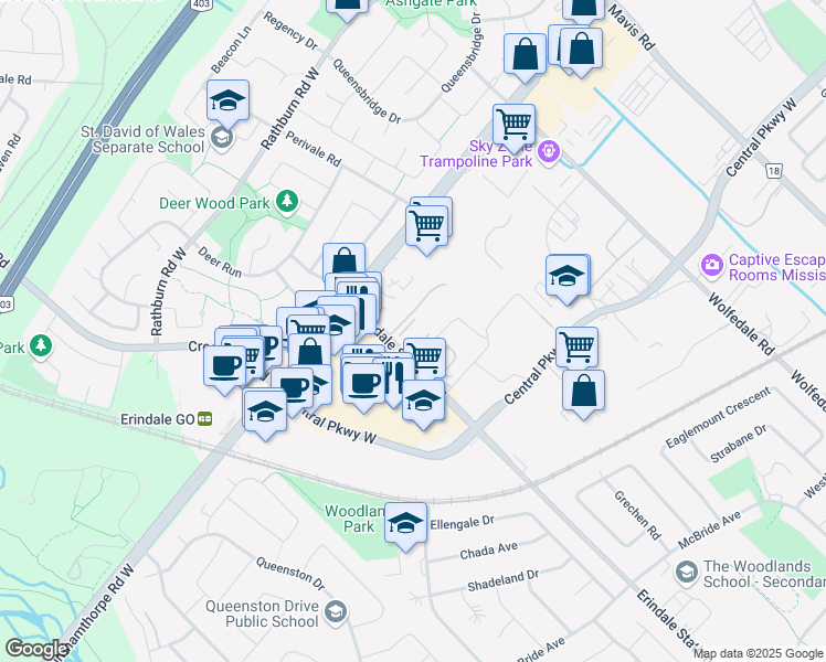 map of restaurants, bars, coffee shops, grocery stores, and more near 3633 Erindale Station Road in Mississauga