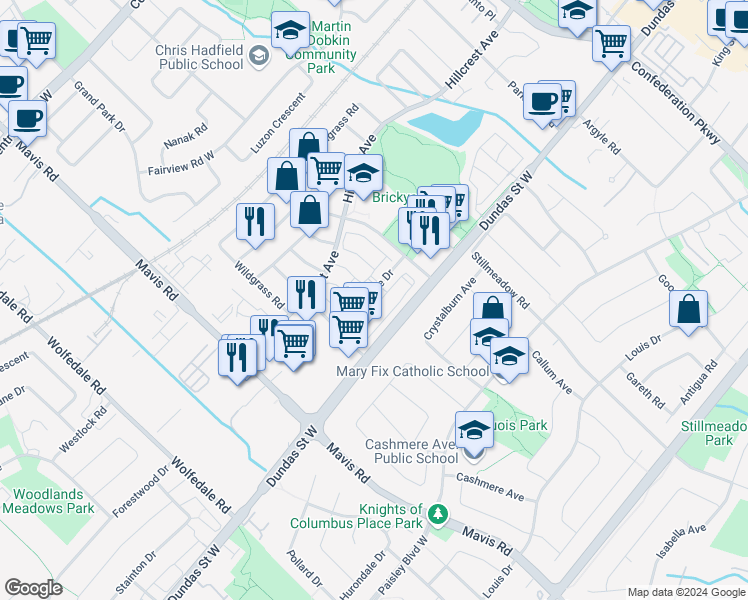 map of restaurants, bars, coffee shops, grocery stores, and more near 600 Shoreline Drive in Mississauga