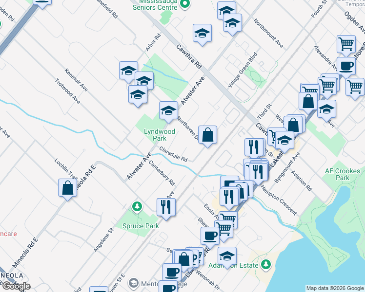 map of restaurants, bars, coffee shops, grocery stores, and more near 501 Ettridge Court in Mississauga