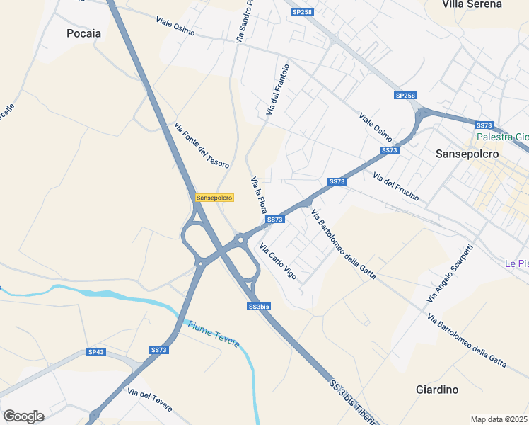 map of restaurants, bars, coffee shops, grocery stores, and more near Strada Statale 73 Senese Aretina in Sansepolcro