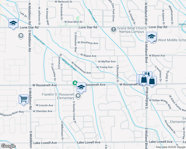 map of restaurants, bars, coffee shops, grocery stores, and more near 79 South Babbling Brook Way in Nampa