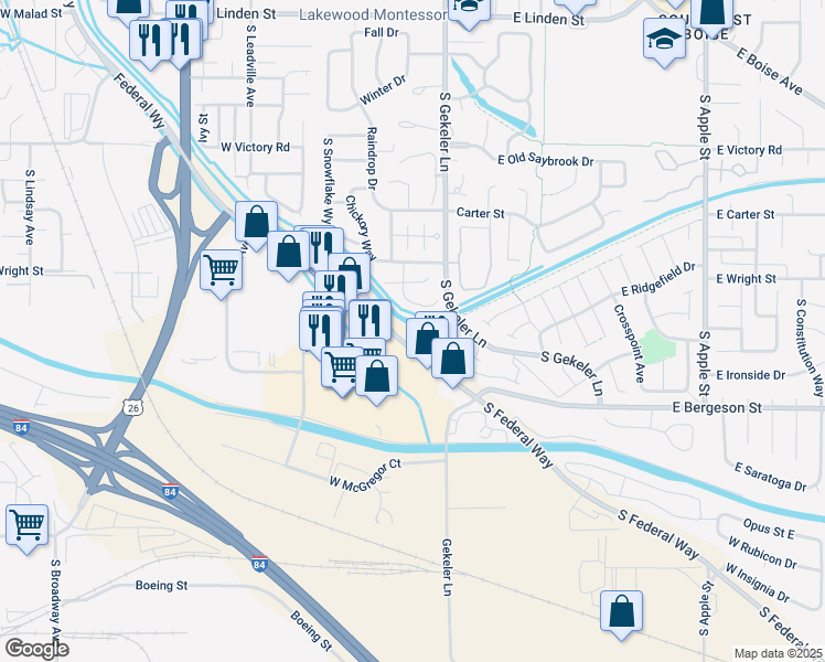 map of restaurants, bars, coffee shops, grocery stores, and more near 3534 South Federal Way in Boise