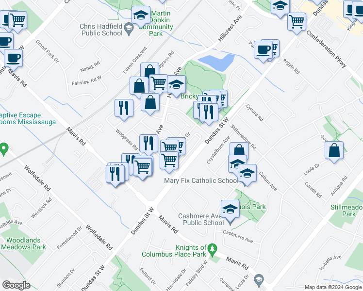 map of restaurants, bars, coffee shops, grocery stores, and more near in Mississauga