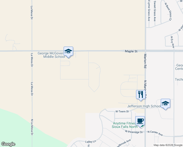 map of restaurants, bars, coffee shops, grocery stores, and more near 2301 North Valley View Road in Sioux Falls