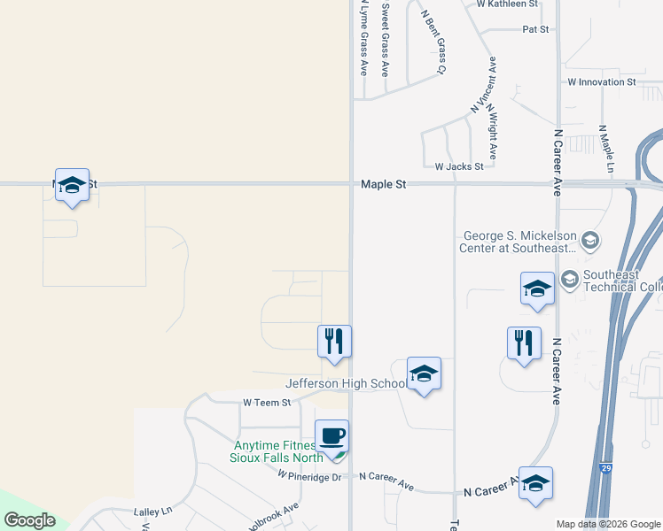 map of restaurants, bars, coffee shops, grocery stores, and more near 2301 North Marion Road in Sioux Falls