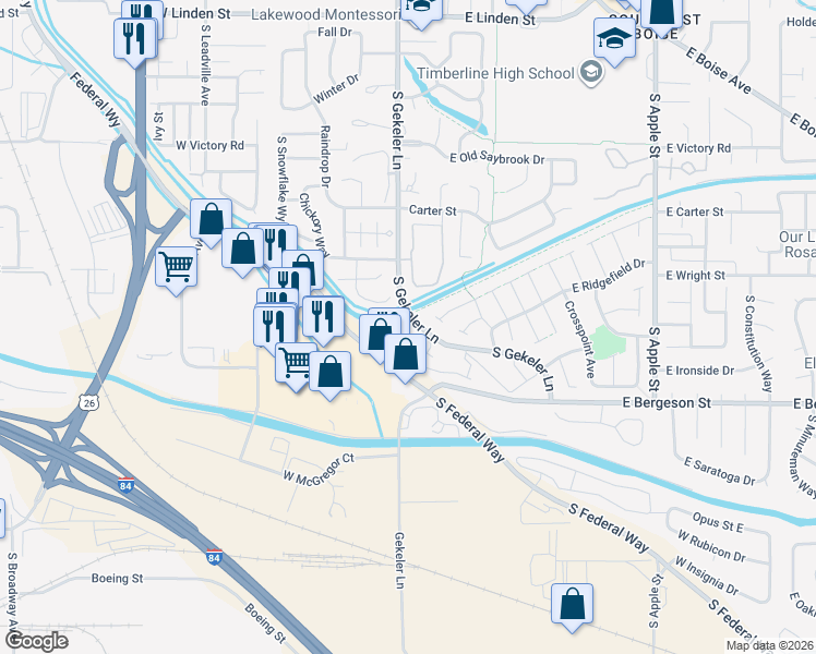 map of restaurants, bars, coffee shops, grocery stores, and more near 3556 South Gekeler Lane in Boise