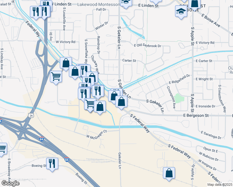 map of restaurants, bars, coffee shops, grocery stores, and more near 3487 South Raindrop Court in Boise