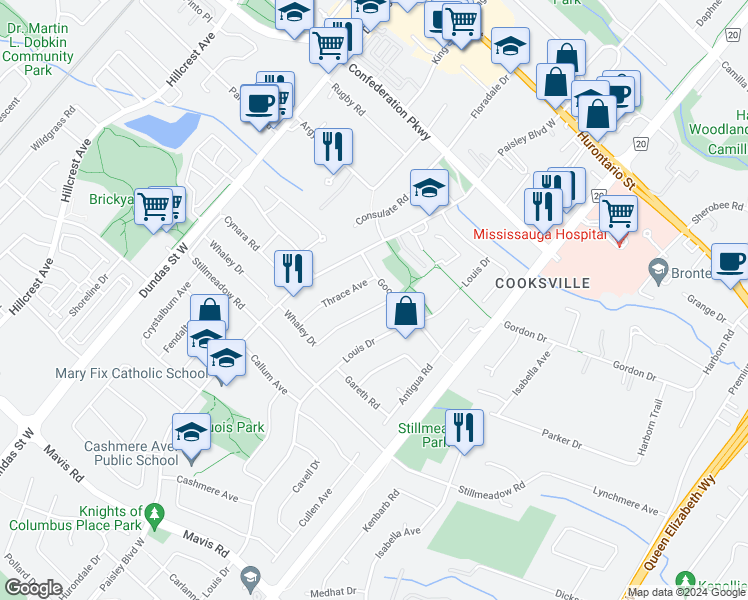 map of restaurants, bars, coffee shops, grocery stores, and more near 2349 Whaley Drive in Mississauga