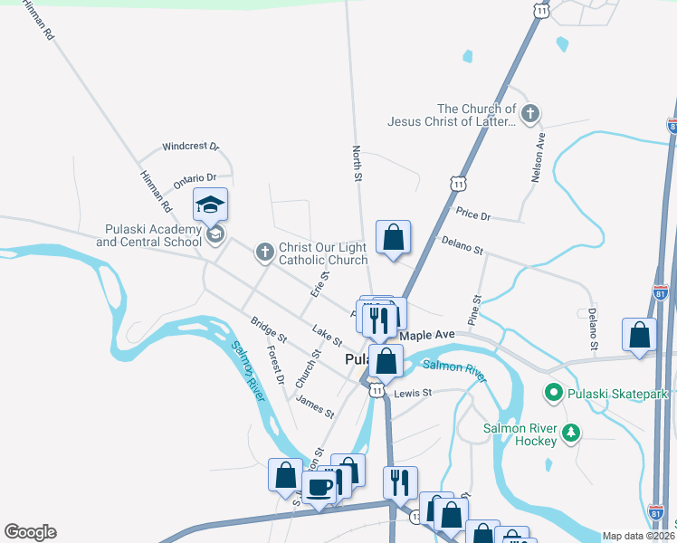 map of restaurants, bars, coffee shops, grocery stores, and more near 32 Erie Street in Pulaski