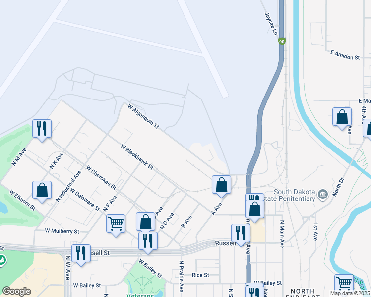 map of restaurants, bars, coffee shops, grocery stores, and more near 900 West Algonquin Street in Sioux Falls