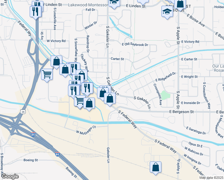 map of restaurants, bars, coffee shops, grocery stores, and more near 3556 South Gekeler Lane in Boise