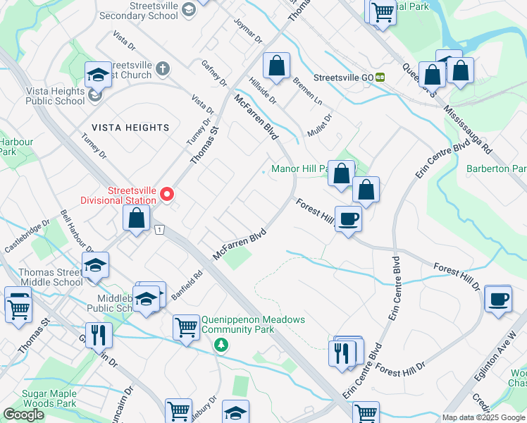 map of restaurants, bars, coffee shops, grocery stores, and more near 5596 Palmerston Crescent in Mississauga