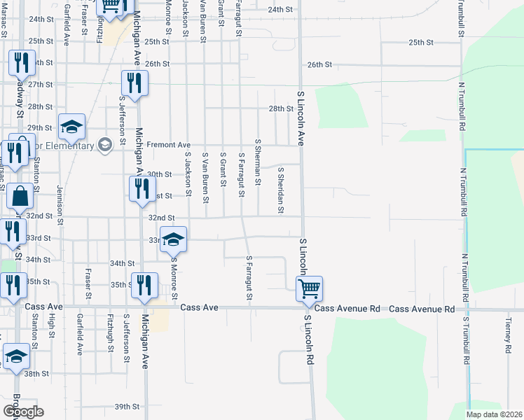 map of restaurants, bars, coffee shops, grocery stores, and more near 2005 South Sherman Street in Bay City
