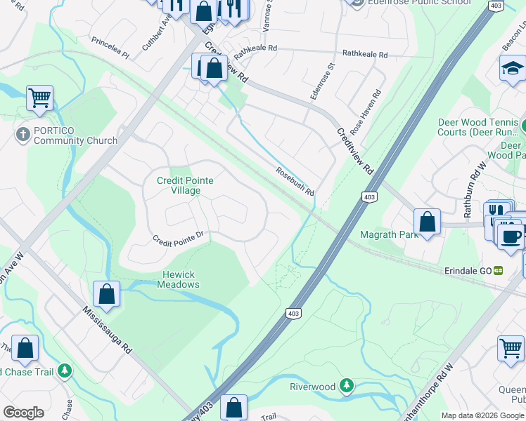 map of restaurants, bars, coffee shops, grocery stores, and more near 4297 Credit Pointe Drive in Mississauga