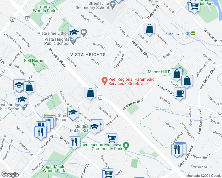 map of restaurants, bars, coffee shops, grocery stores, and more near 2473 Bankside Drive in Mississauga
