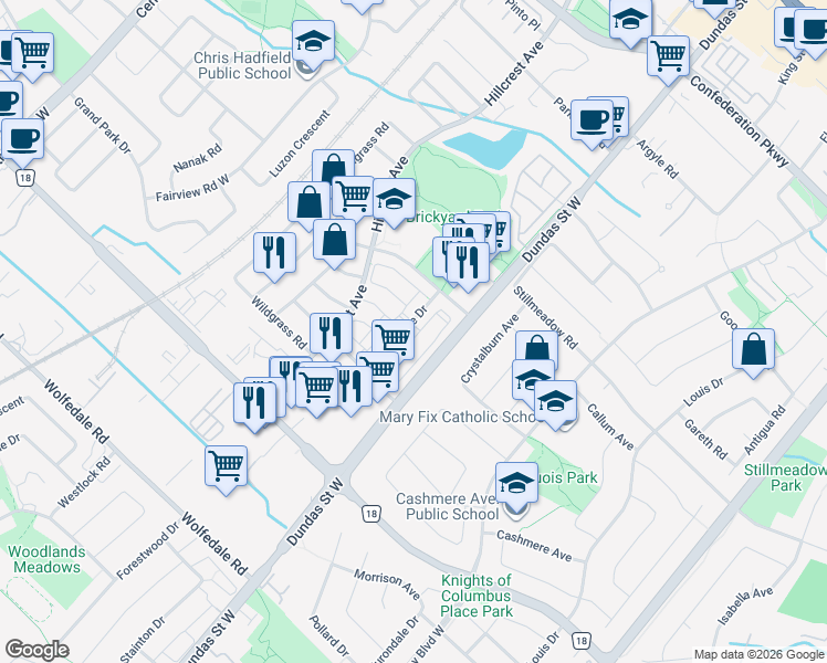 map of restaurants, bars, coffee shops, grocery stores, and more near 588 Shoreline Drive in Mississauga