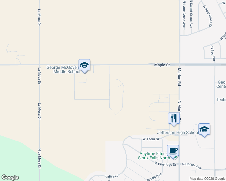 map of restaurants, bars, coffee shops, grocery stores, and more near 2301 North Valley View Road in Sioux Falls