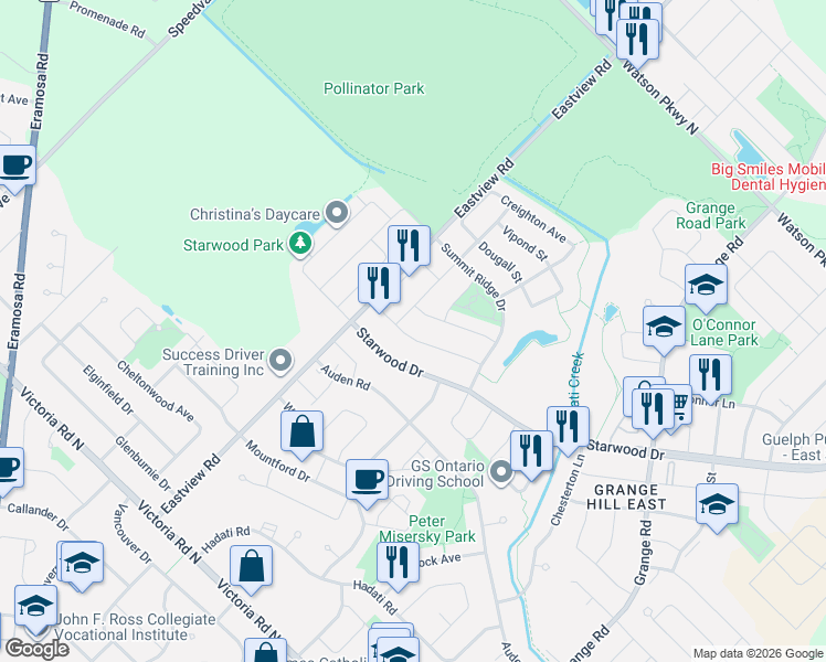 map of restaurants, bars, coffee shops, grocery stores, and more near 42 Hebert Street in Guelph