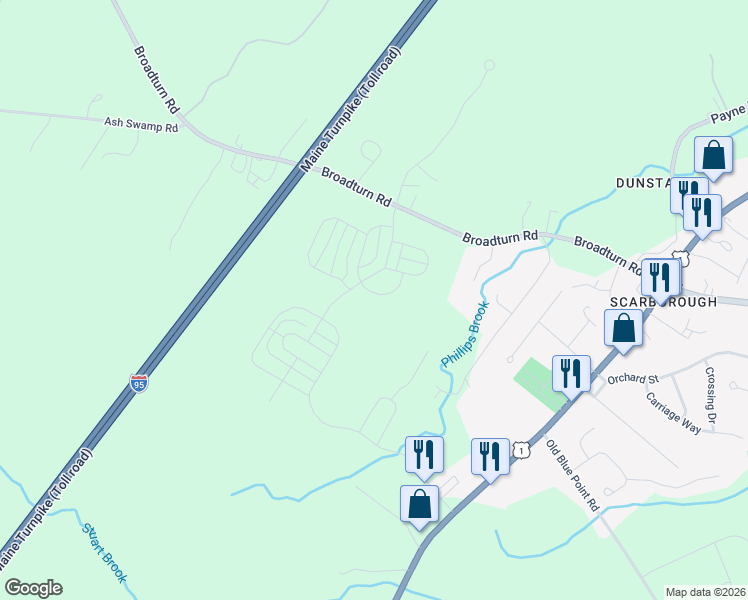 map of restaurants, bars, coffee shops, grocery stores, and more near 16 Webster Way in Scarborough
