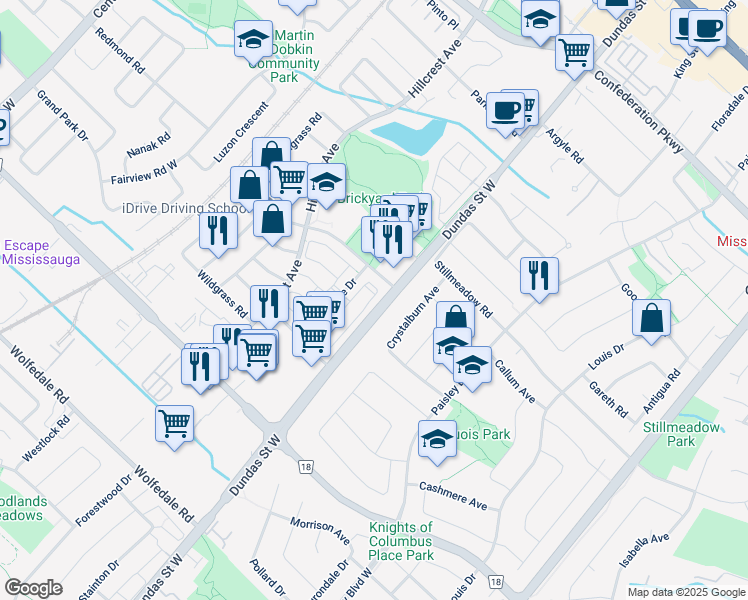 map of restaurants, bars, coffee shops, grocery stores, and more near 567 Dundas Street West in Mississauga