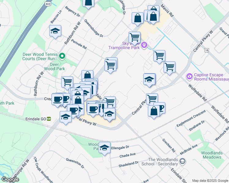 map of restaurants, bars, coffee shops, grocery stores, and more near 3633 Erindale Station Road in Mississauga