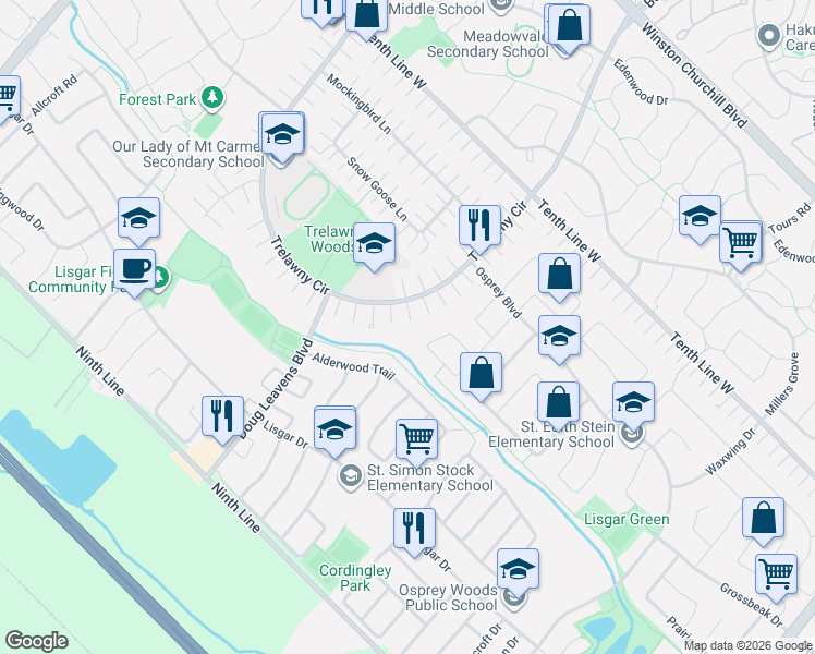 map of restaurants, bars, coffee shops, grocery stores, and more near 3386 Trelawny Circle in Mississauga