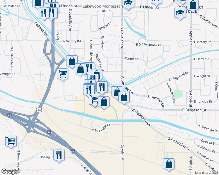 map of restaurants, bars, coffee shops, grocery stores, and more near 3534 South Federal Way in Boise