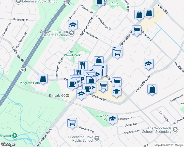 map of restaurants, bars, coffee shops, grocery stores, and more near 1124 Shagbark Crescent in Mississauga