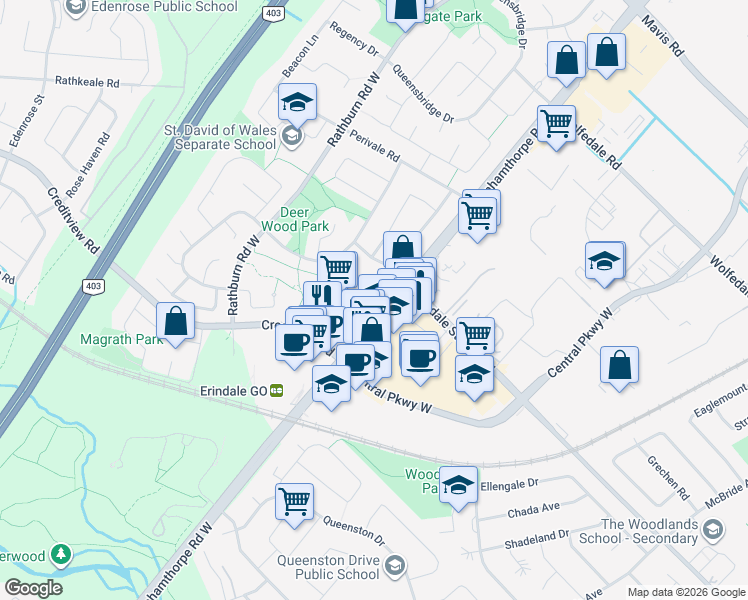 map of restaurants, bars, coffee shops, grocery stores, and more near 1124 Shagbark Crescent in Mississauga