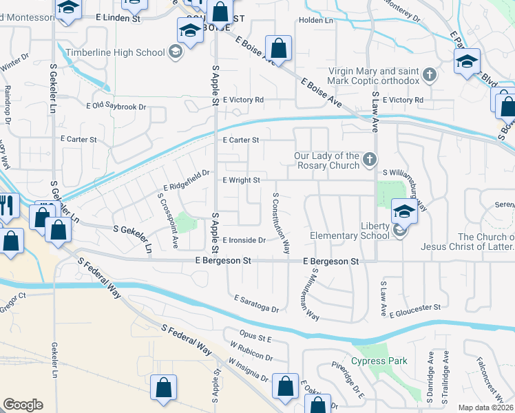 map of restaurants, bars, coffee shops, grocery stores, and more near 1025 East Congress Street in Boise