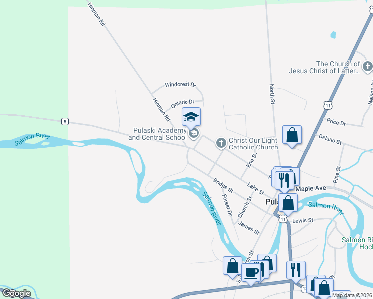 map of restaurants, bars, coffee shops, grocery stores, and more near 99 County Route 5 in Pulaski