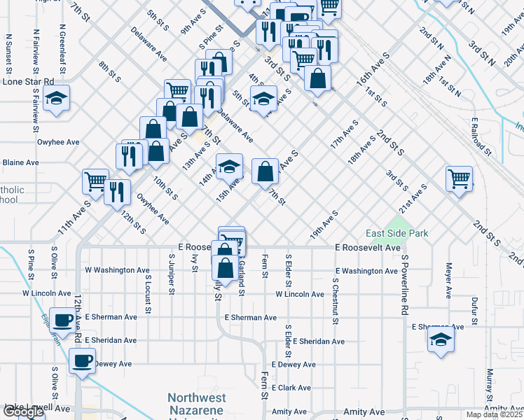 map of restaurants, bars, coffee shops, grocery stores, and more near 720 16th Avenue South in Nampa