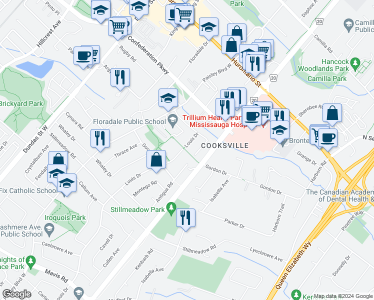 map of restaurants, bars, coffee shops, grocery stores, and more near 210 Louis Drive in Mississauga