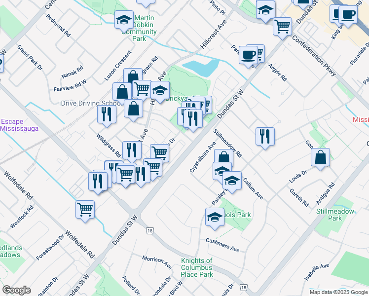 map of restaurants, bars, coffee shops, grocery stores, and more near in Mississauga