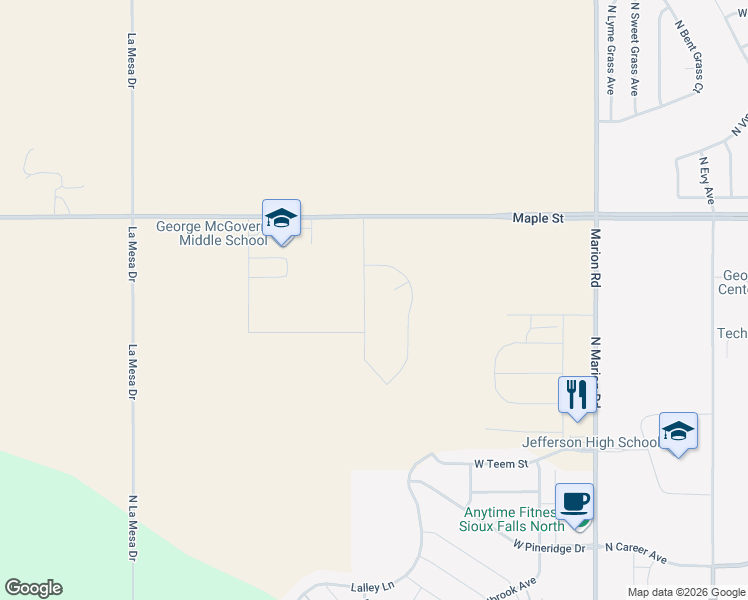 map of restaurants, bars, coffee shops, grocery stores, and more near 2301 North Valley View Road in Sioux Falls