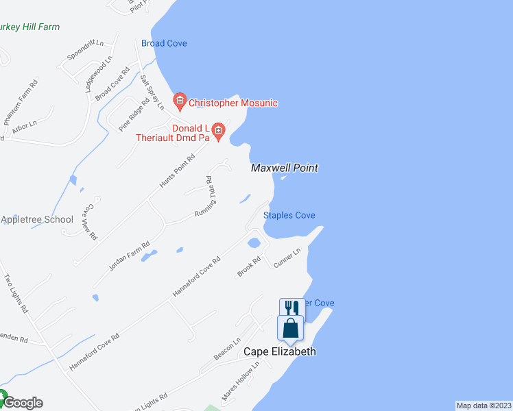 map of restaurants, bars, coffee shops, grocery stores, and more near 11 Rocky Point Lane in Cape Elizabeth