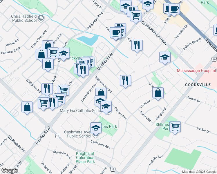 map of restaurants, bars, coffee shops, grocery stores, and more near 2553 Stillmeadow Road in Mississauga