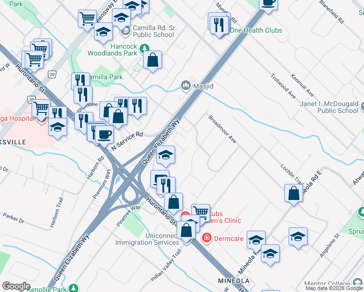map of restaurants, bars, coffee shops, grocery stores, and more near 150 South Service Road in Mississauga