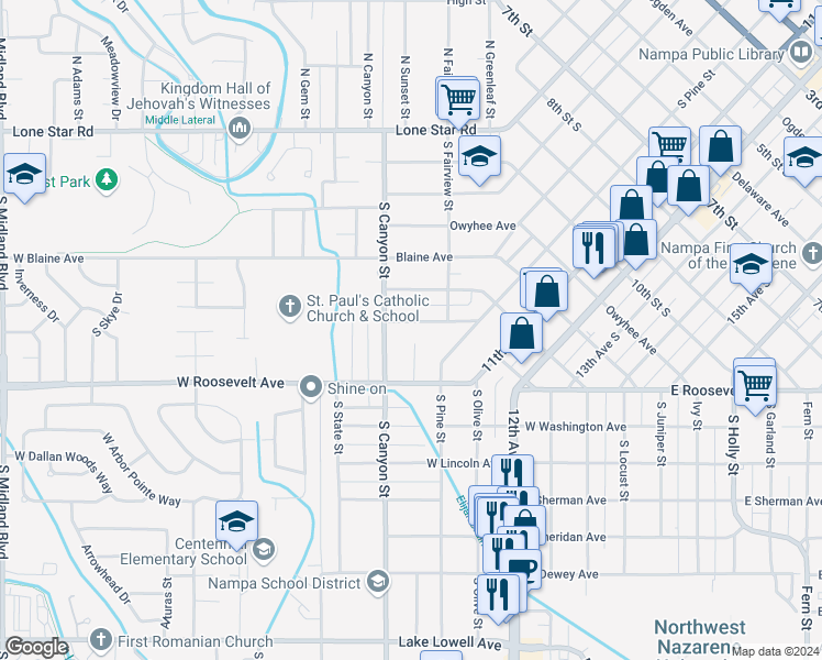 map of restaurants, bars, coffee shops, grocery stores, and more near 231 Young Avenue in Nampa