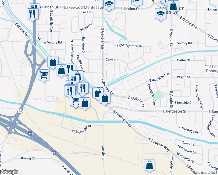 map of restaurants, bars, coffee shops, grocery stores, and more near 3556 South Gekeler Lane in Boise