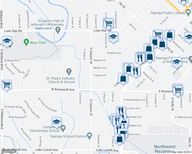 map of restaurants, bars, coffee shops, grocery stores, and more near 235 Young Avenue in Nampa