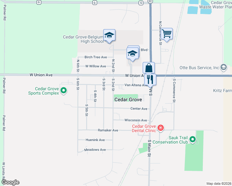 map of restaurants, bars, coffee shops, grocery stores, and more near 224 South 2nd Street in Cedar Grove