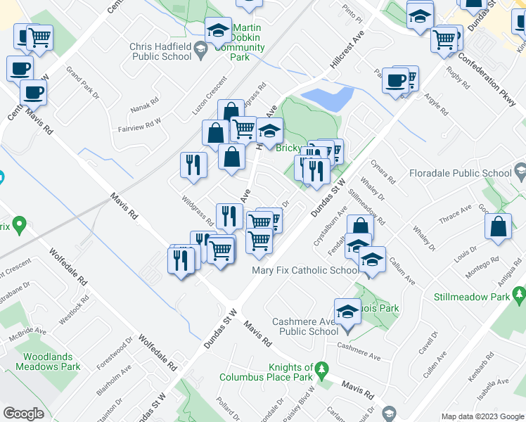 map of restaurants, bars, coffee shops, grocery stores, and more near 2-601 Shoreline Drive in Mississauga