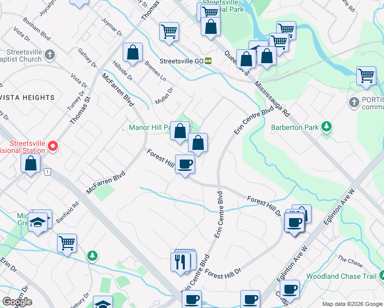 map of restaurants, bars, coffee shops, grocery stores, and more near 2256 Manor Hill Drive in Mississauga