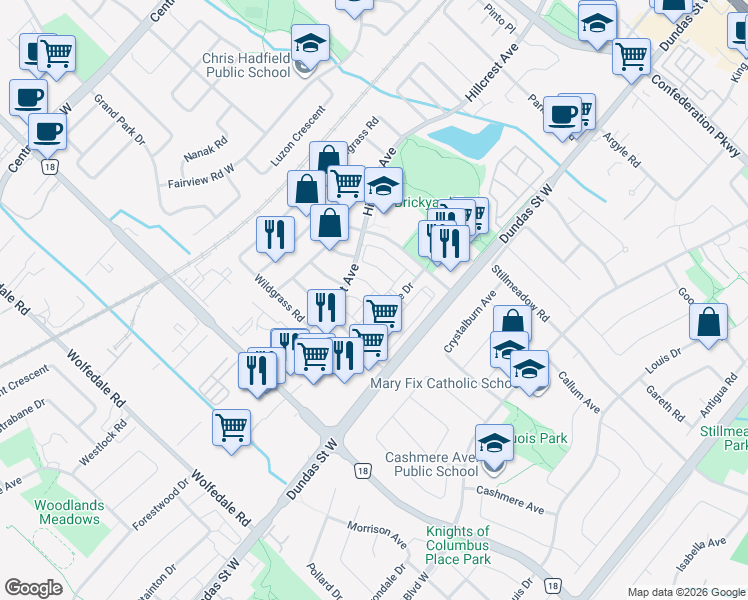 map of restaurants, bars, coffee shops, grocery stores, and more near 601 Shoreline Drive in Mississauga