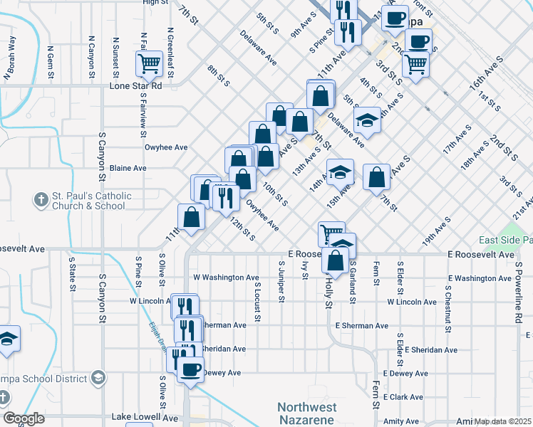 map of restaurants, bars, coffee shops, grocery stores, and more near 1020 13th Avenue South in Nampa