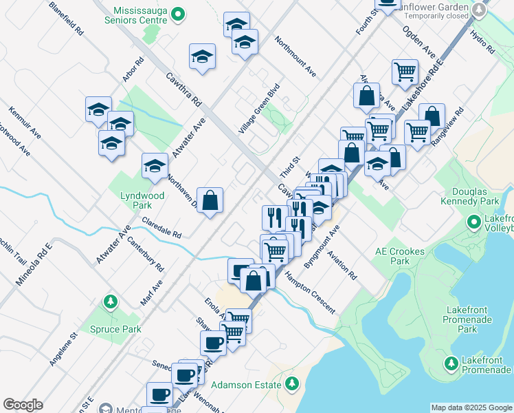 map of restaurants, bars, coffee shops, grocery stores, and more near in Mississauga
